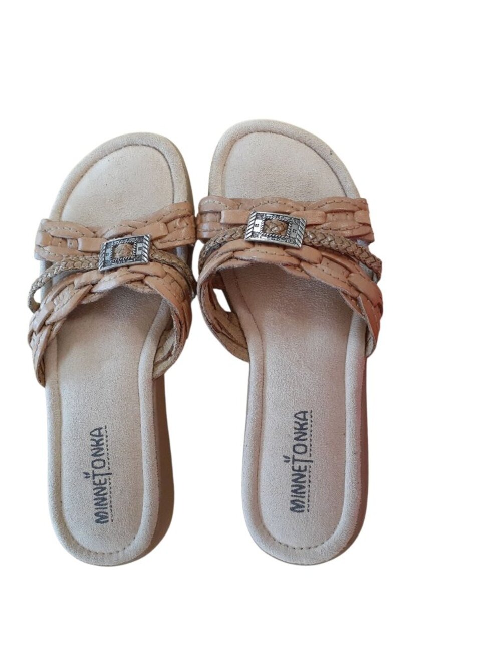 Minnetonka Womens Slide Sandals Size 7 Beige Leather Cushion Footbed Man Made